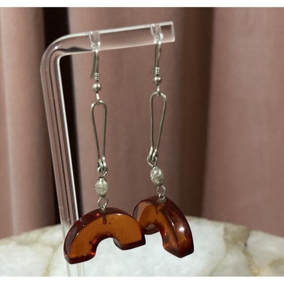 Estate Jewelry - Amber Tone Resin Geometric Dangle Earrings Silver Tone Retro Lucite Boho